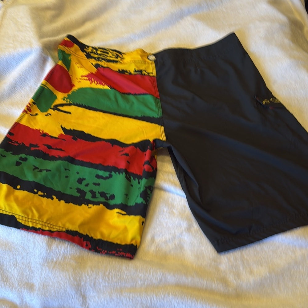 Red and Black Asymmetrical Board Shorts Swim - Picture 2 of 11